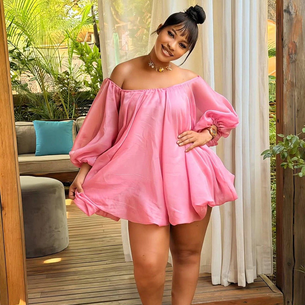 Off-Shoulder Puff Sleeve Dress in Blush- Plus