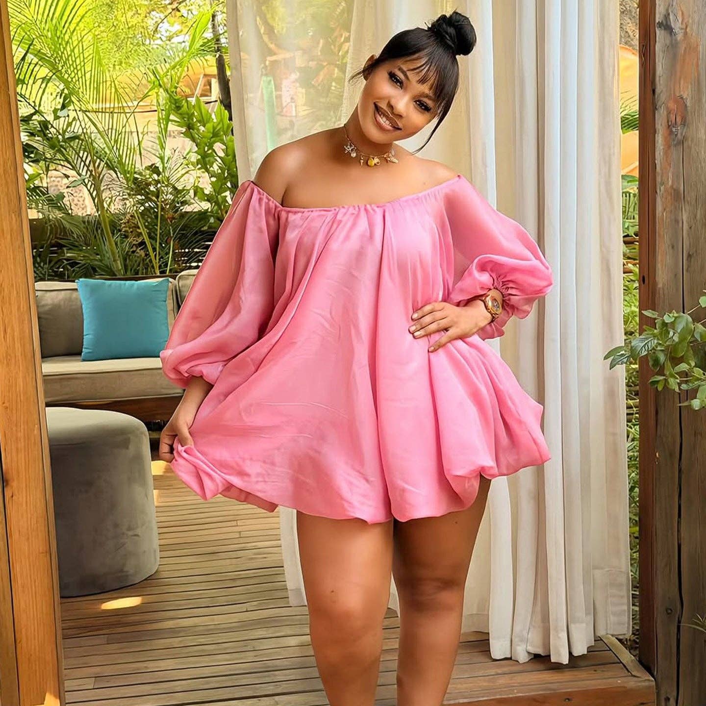 Off-Shoulder Puff Sleeve Dress in Blush- Plus