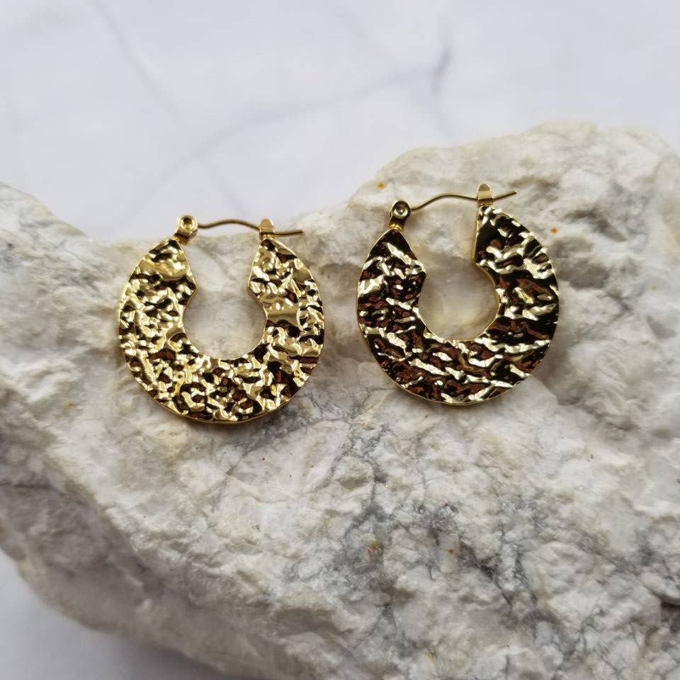Hammered Circle Hoop Earrings - 18K Gold Plated