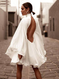 High-Neck Backless Flared Sleeve Mini Dress