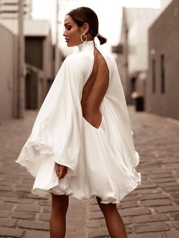 High-Neck Backless Flared Sleeve Mini Dress