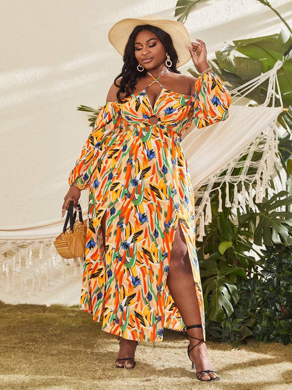Floral Halter Thigh-high Cut-out Dress