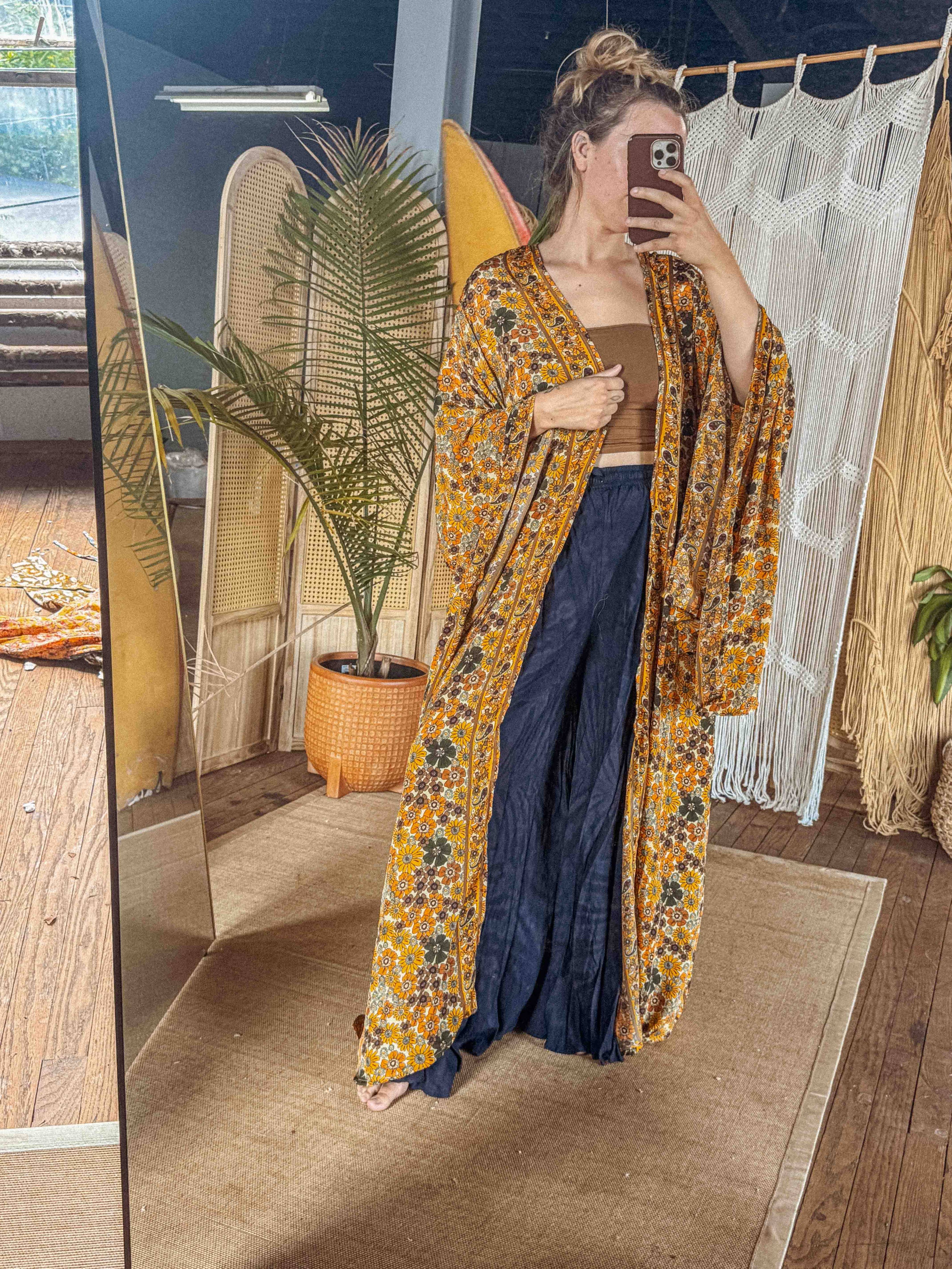 Silk Bell Sleeve Long Kimono Duster