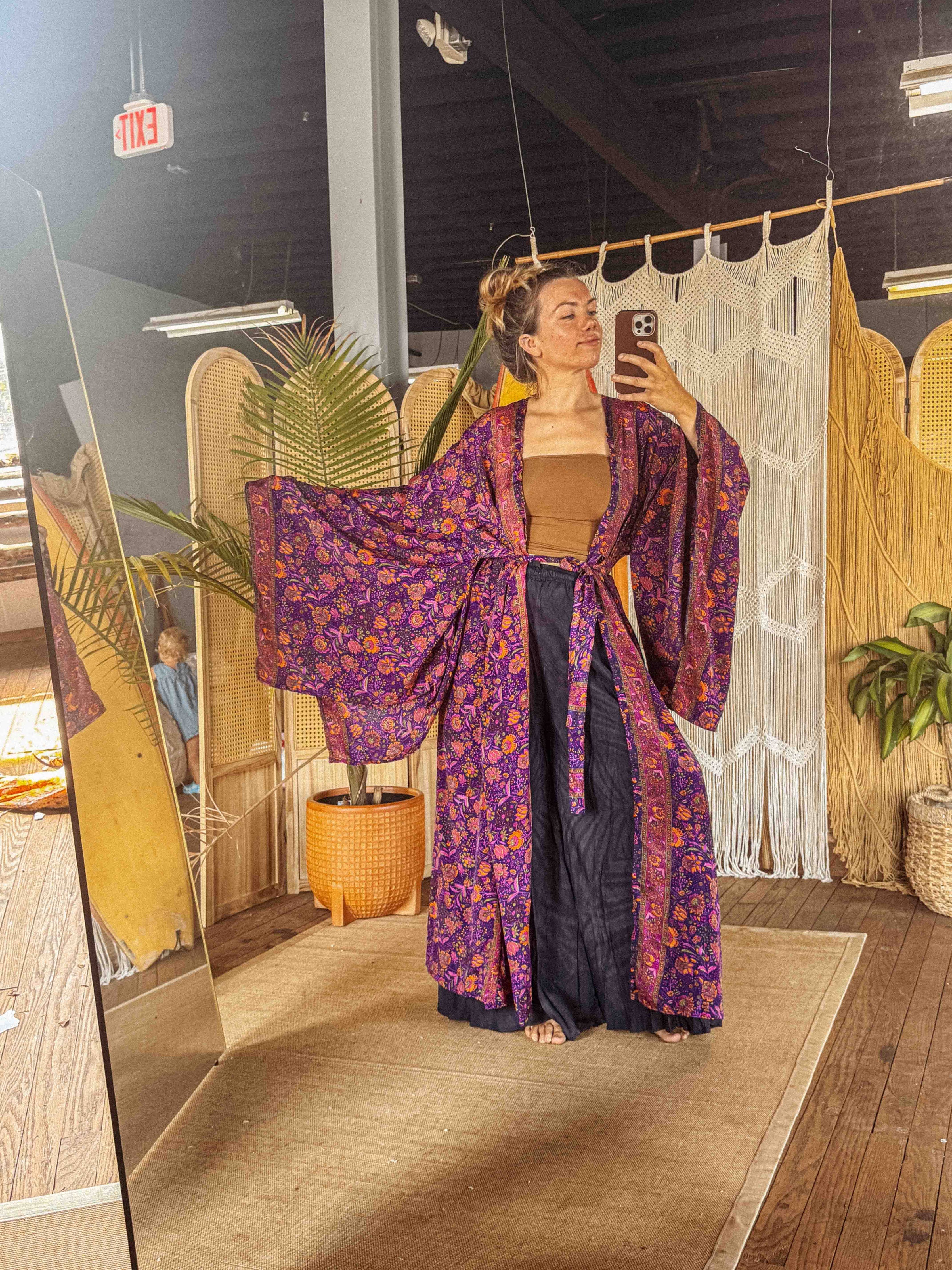 Silk Bell Sleeve Long Kimono Duster