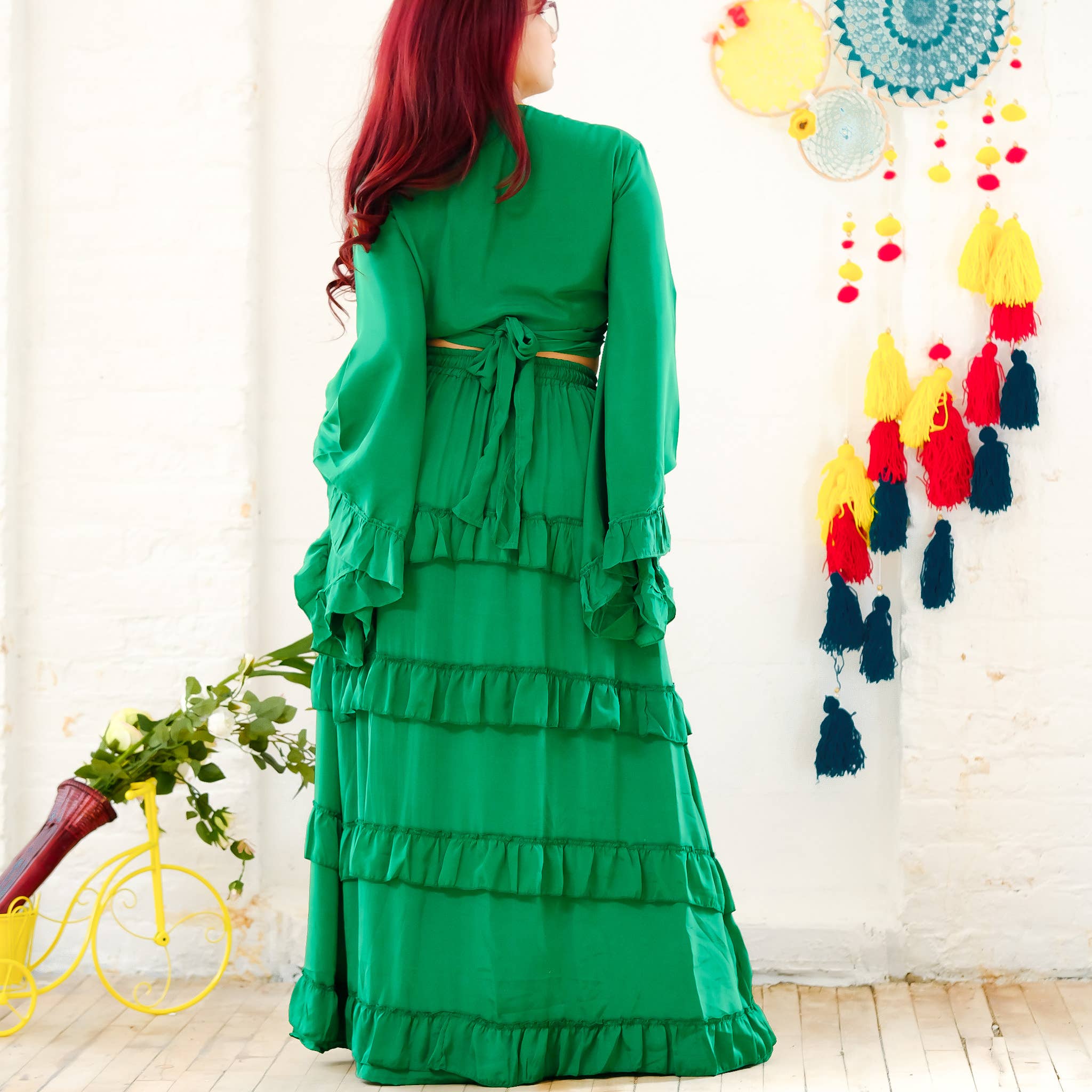 Flowy Tiered Skirt Set with Ruffle Sleeve Top Set