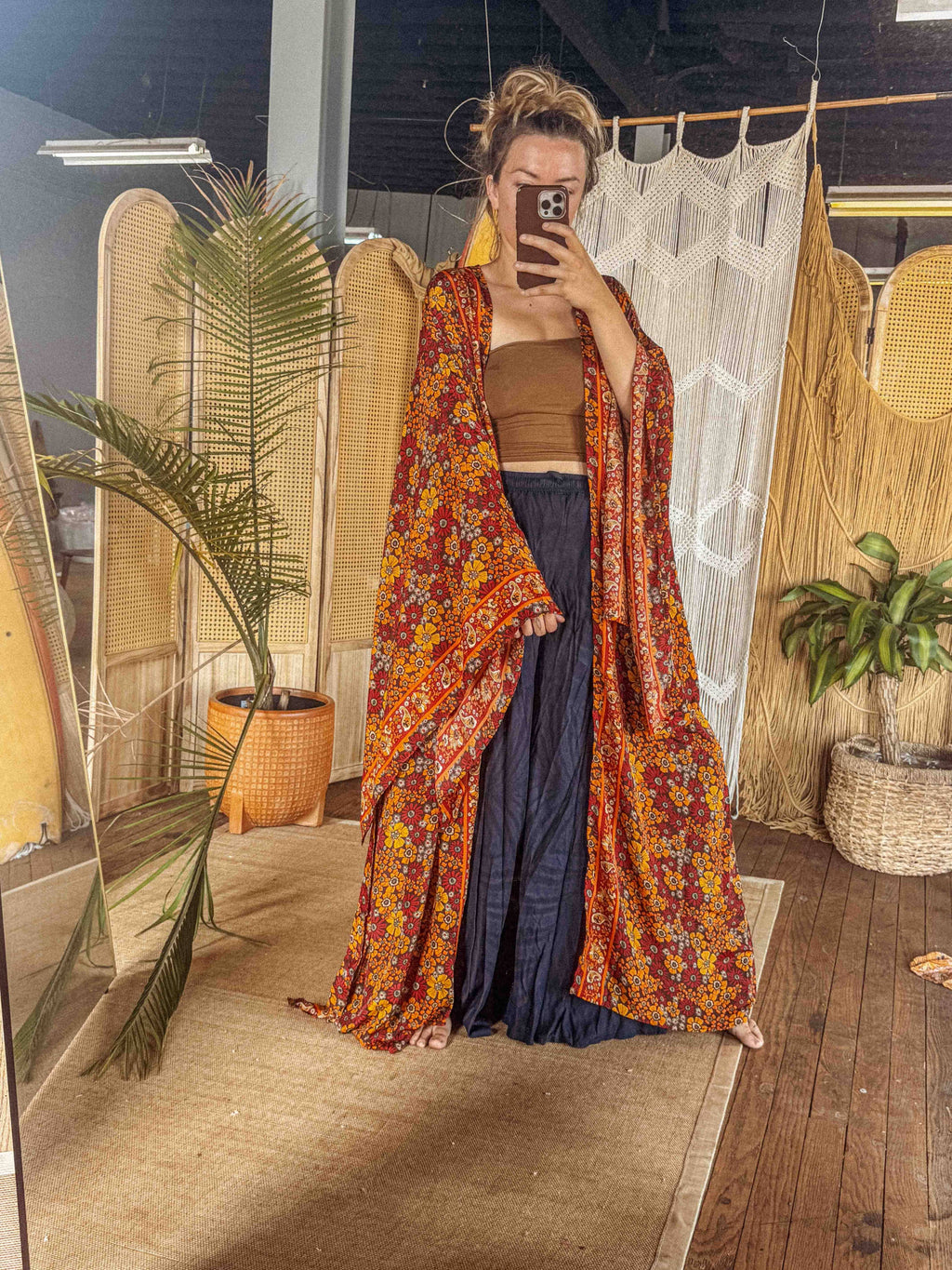 Silk Bell Sleeve Long Kimono Duster