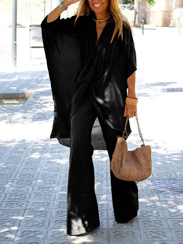 Casual Wrap Top & Wide Leg Pants Set