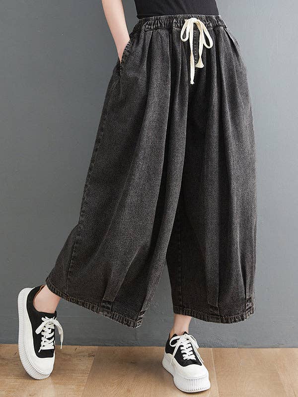 Loose Drawstring Wide Leg Denim Pants
