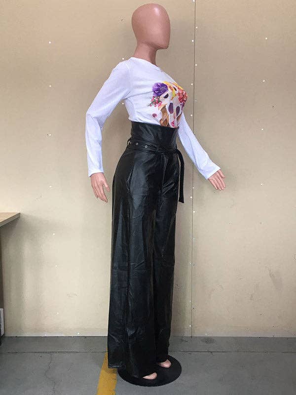 High Waisted Wide Leg Belted Zipper Trousers