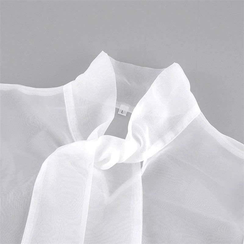 Bow Neck Mesh Puff Sleeve Blouse