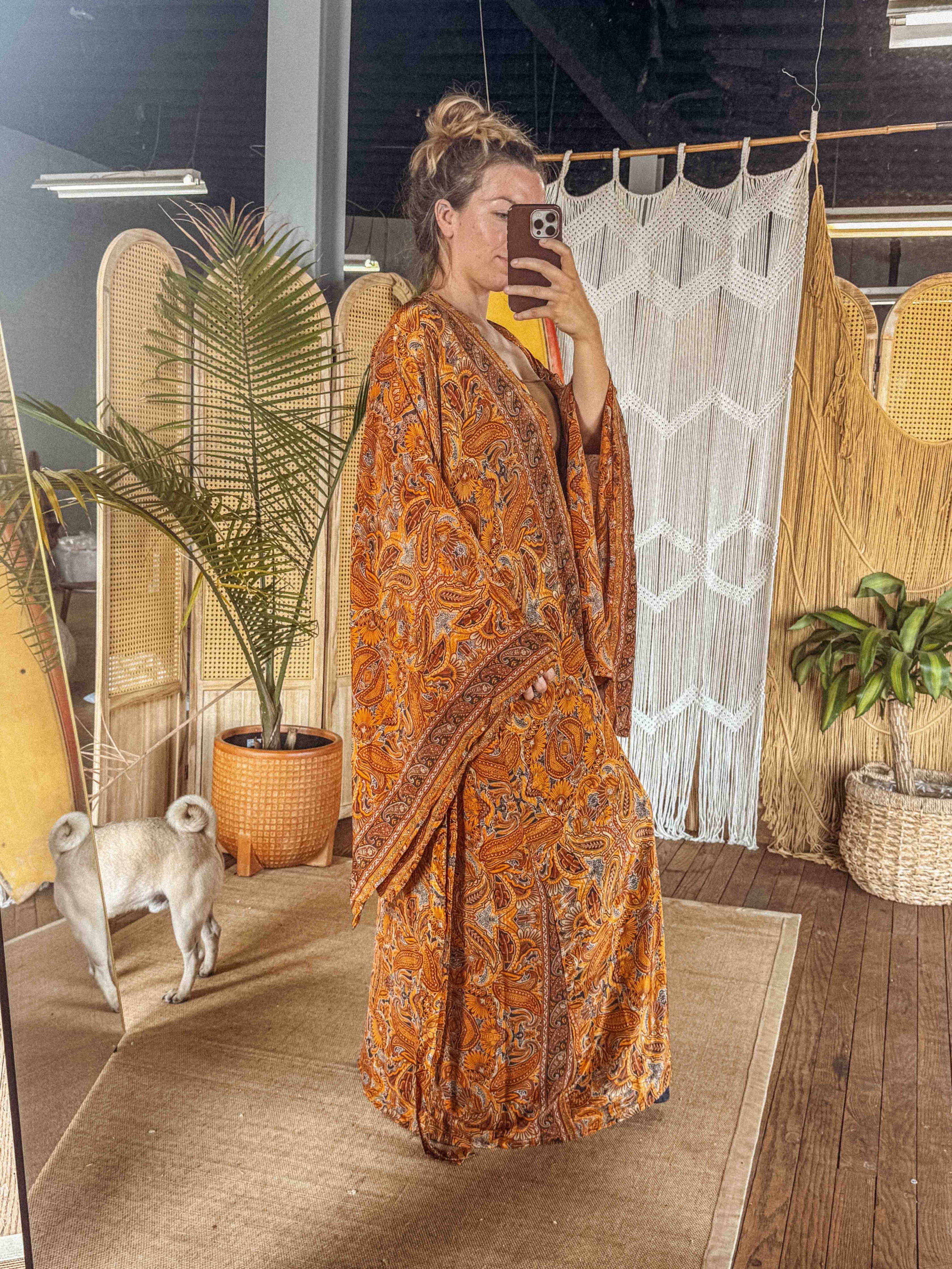 Silk Bell Sleeve Long Kimono Duster