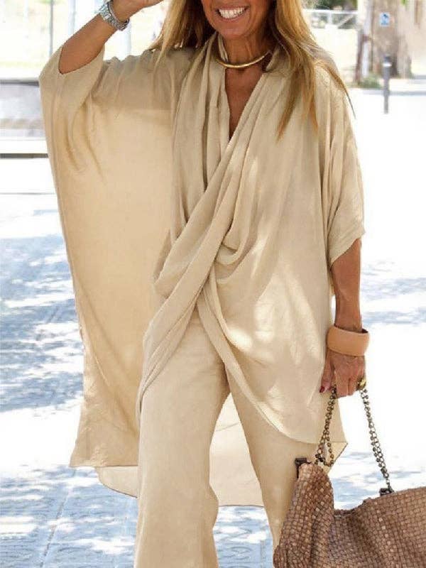Casual Wrap Top & Wide Leg Pants Set