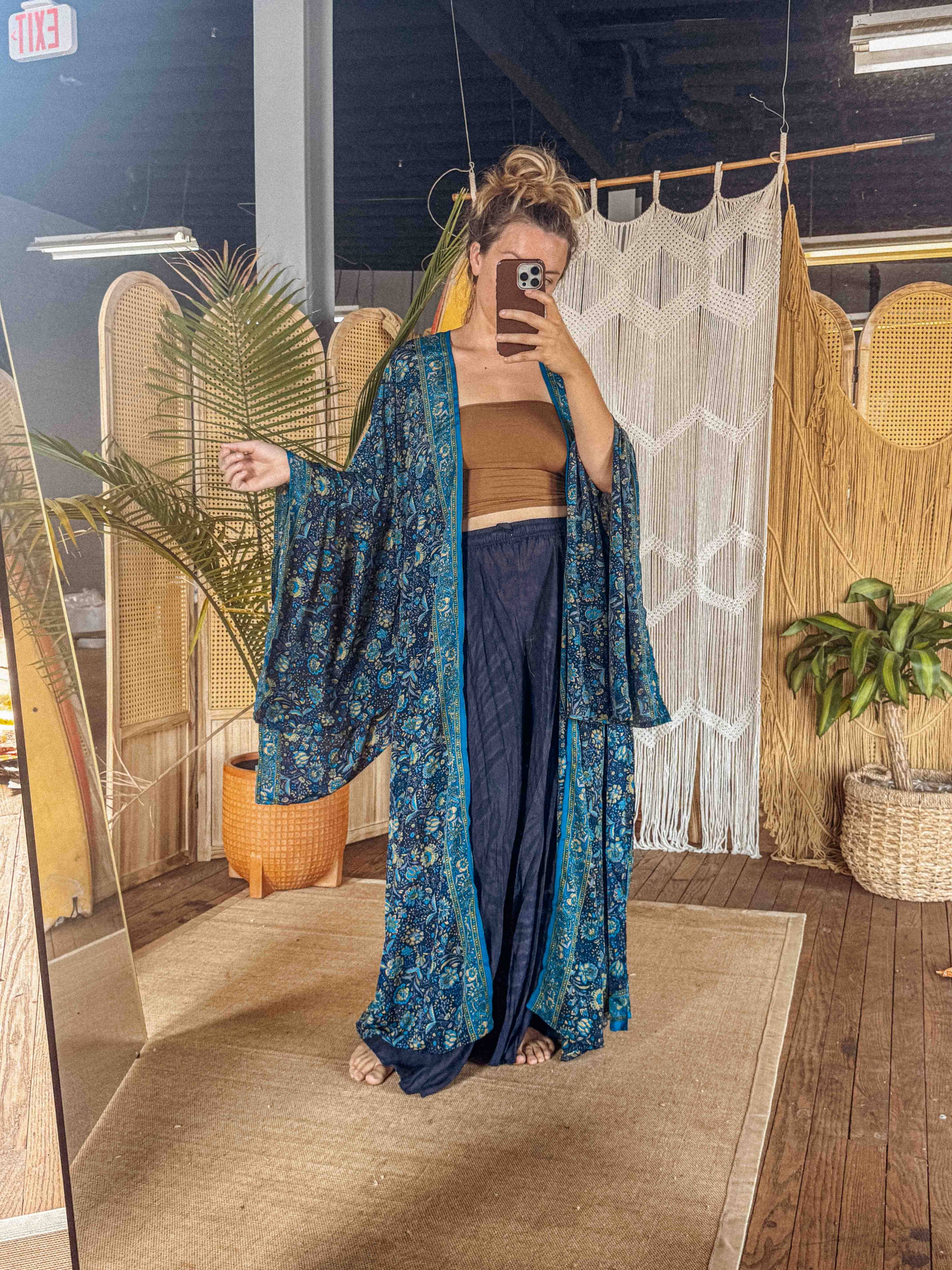 Silk Bell Sleeve Long Kimono Duster