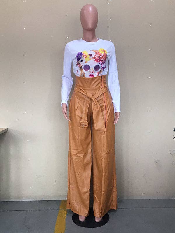 High Waisted Wide Leg Belted Zipper Trousers