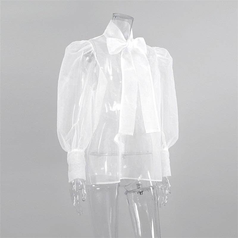 Bow Neck Mesh Puff Sleeve Blouse