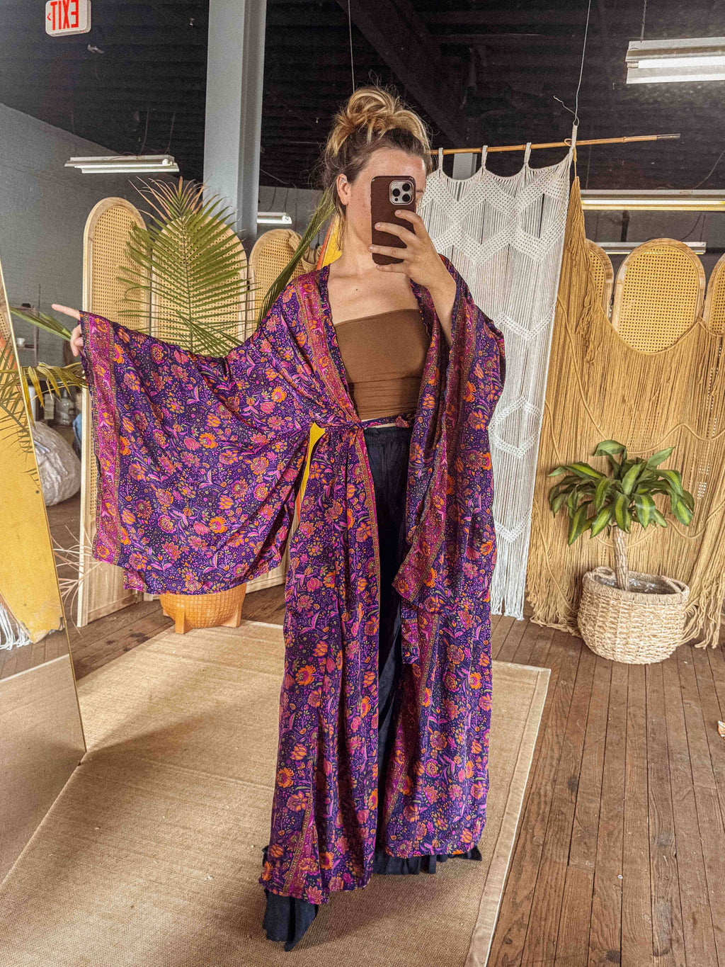 Silk Bell Sleeve Long Kimono Duster