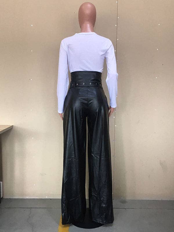 High Waisted Wide Leg Belted Zipper Trousers