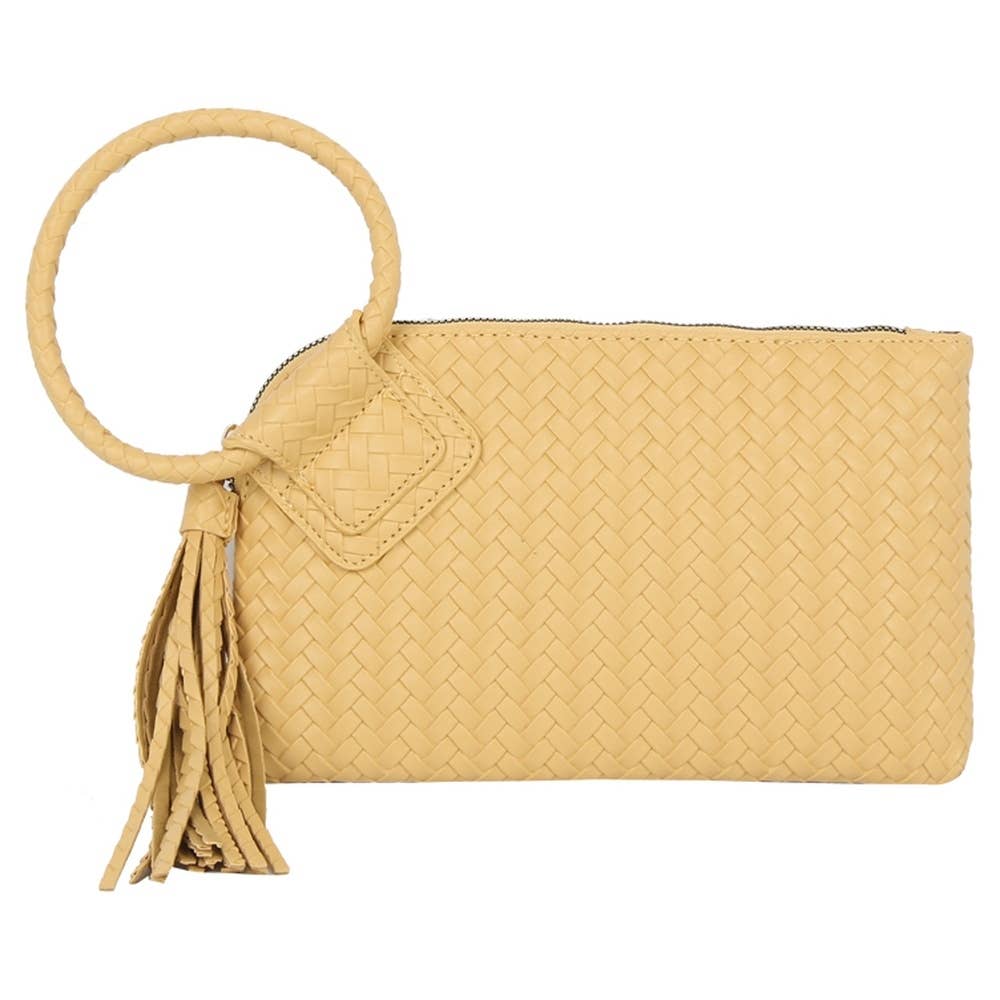 Calin Woven Fringe Cuff Handle Clutch Bag