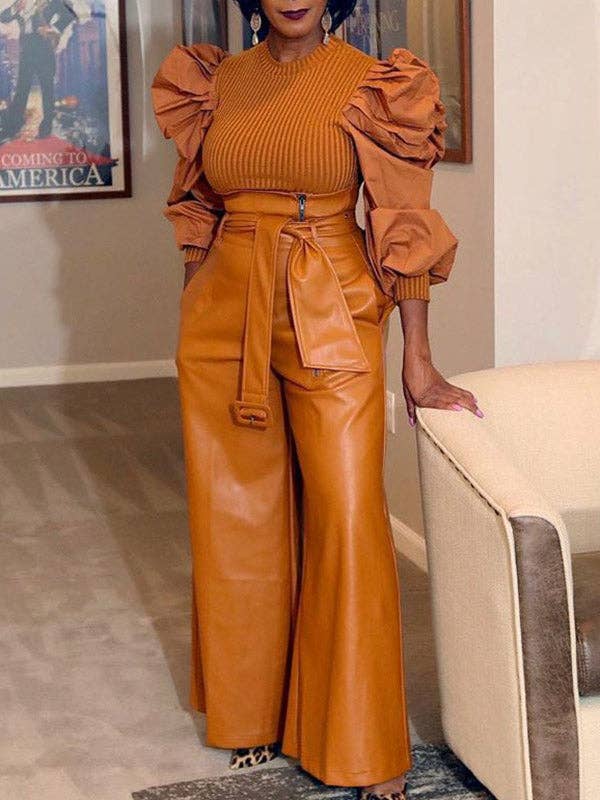 High Waisted Wide Leg Belted Zipper Trousers