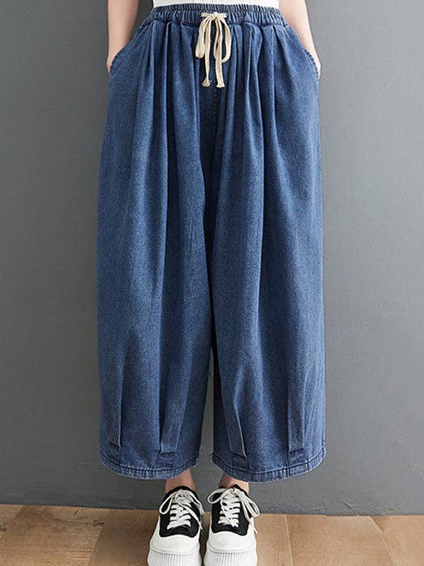 Loose Drawstring Wide Leg Denim Pants