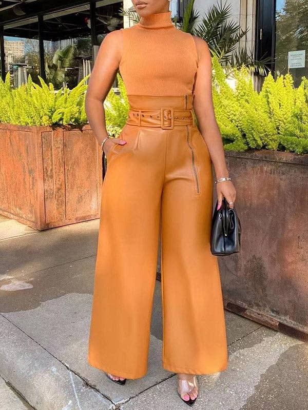 High Waisted Wide Leg Belted Zipper Trousers