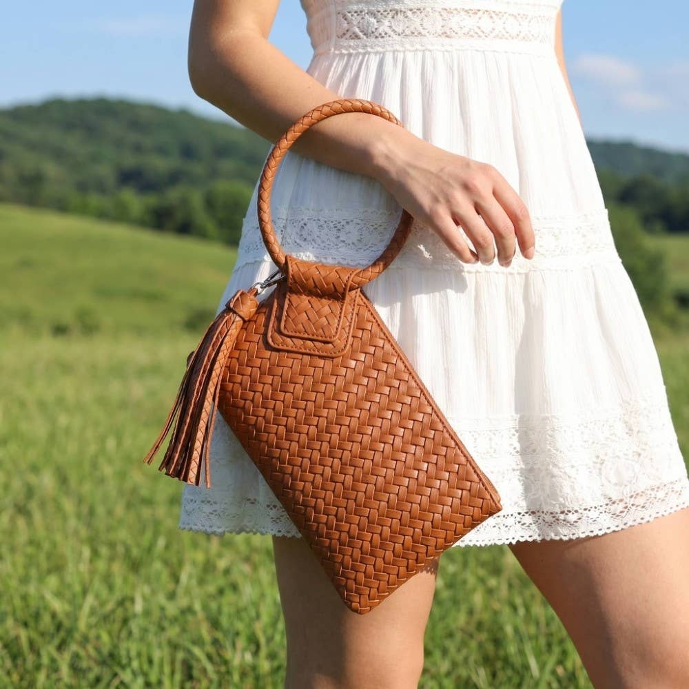 Calin Woven Fringe Cuff Handle Clutch Bag