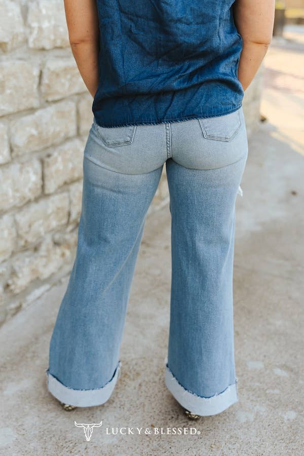 Mid Wash Distressed Mid Rise Wide Leg Cuffed Bottom Jeans