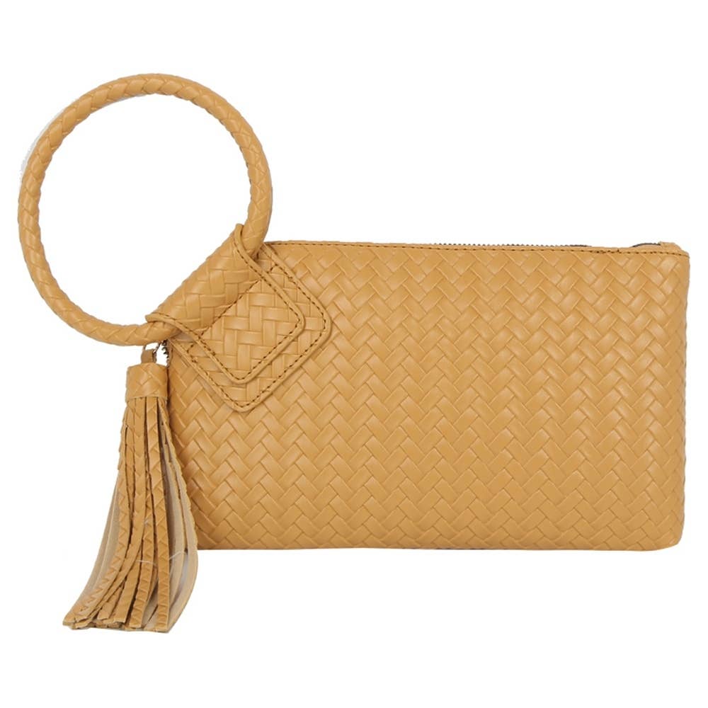 Calin Woven Fringe Cuff Handle Clutch Bag