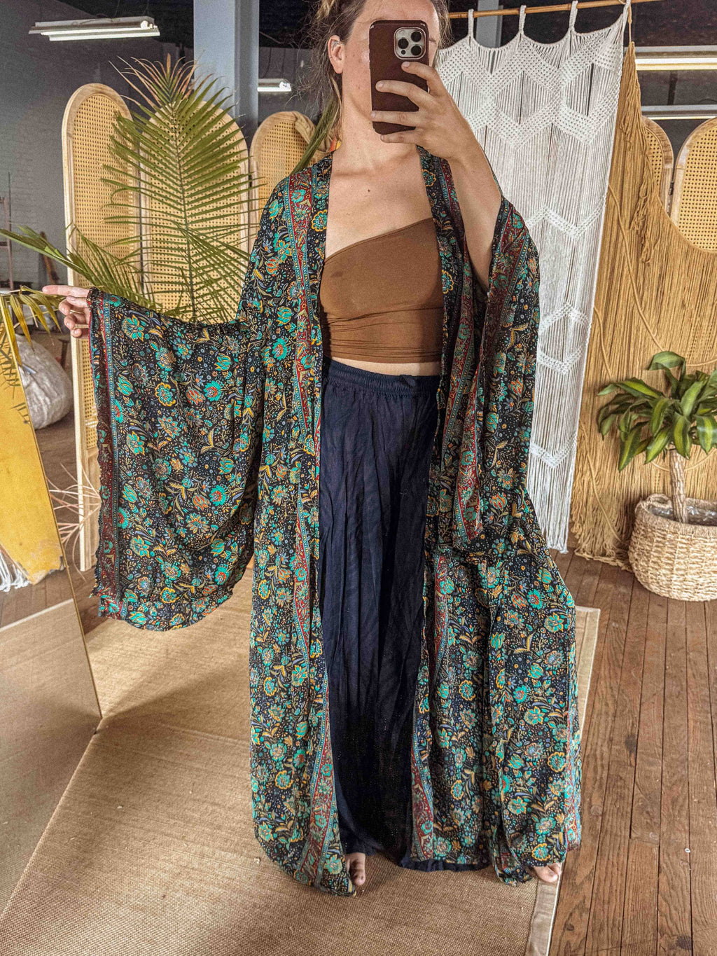 Silk Bell Sleeve Long Kimono Duster