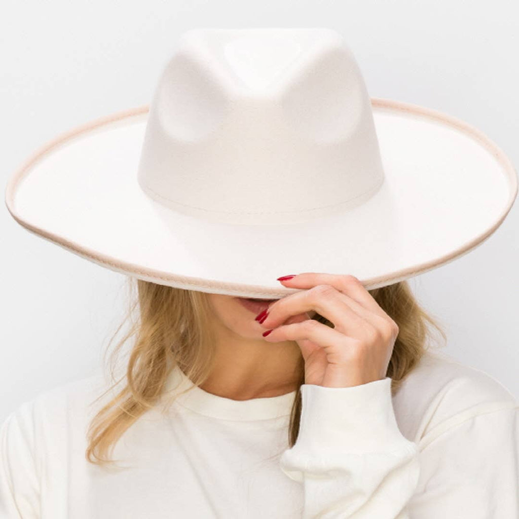 Structured wide brim rancher hat with pencil roll brim