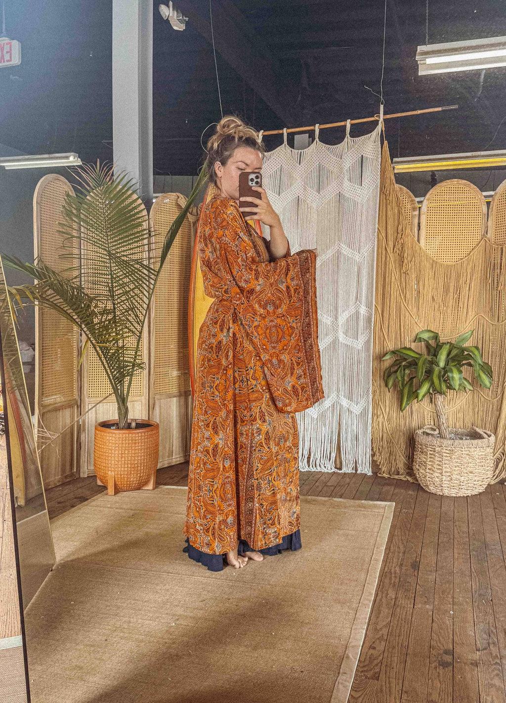 Silk Bell Sleeve Long Kimono Duster