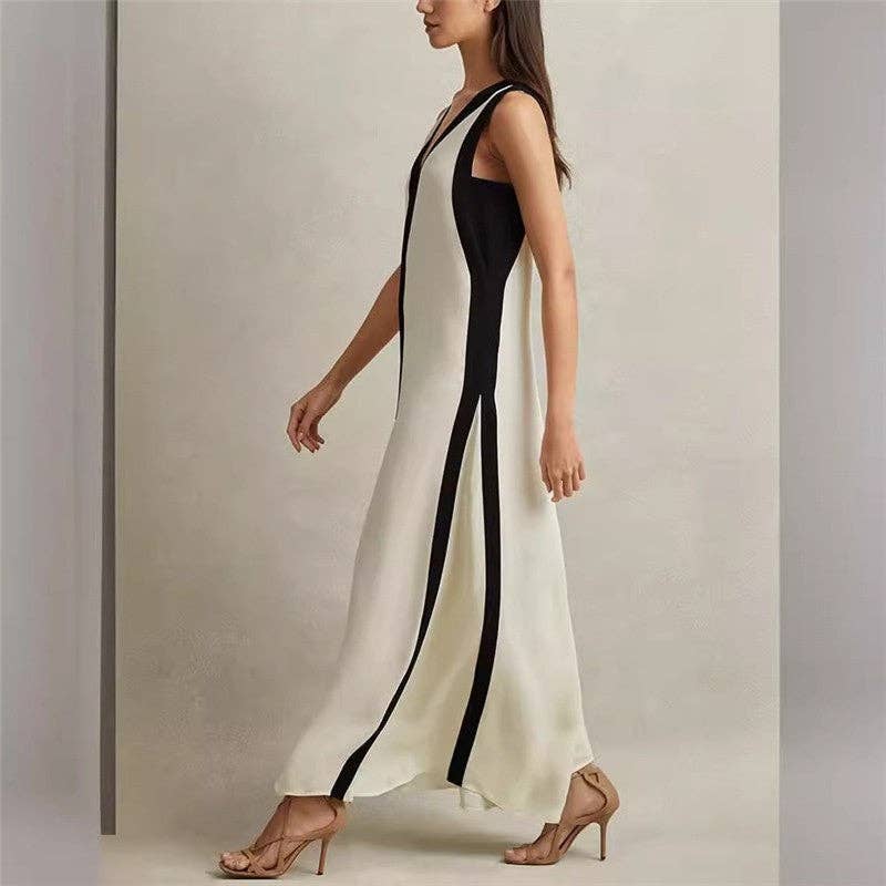 V-Neck Sleeveless Dress With Reversible Color Design