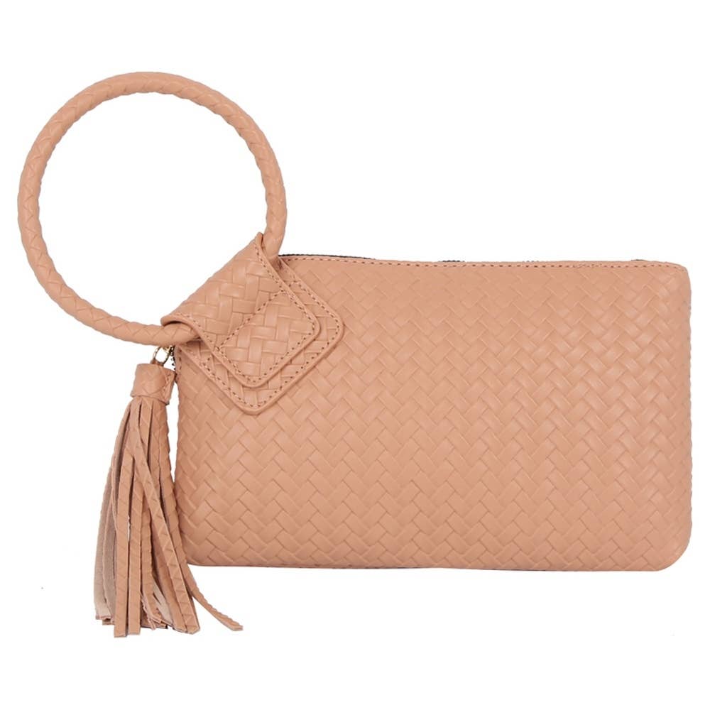 Calin Woven Fringe Cuff Handle Clutch Bag