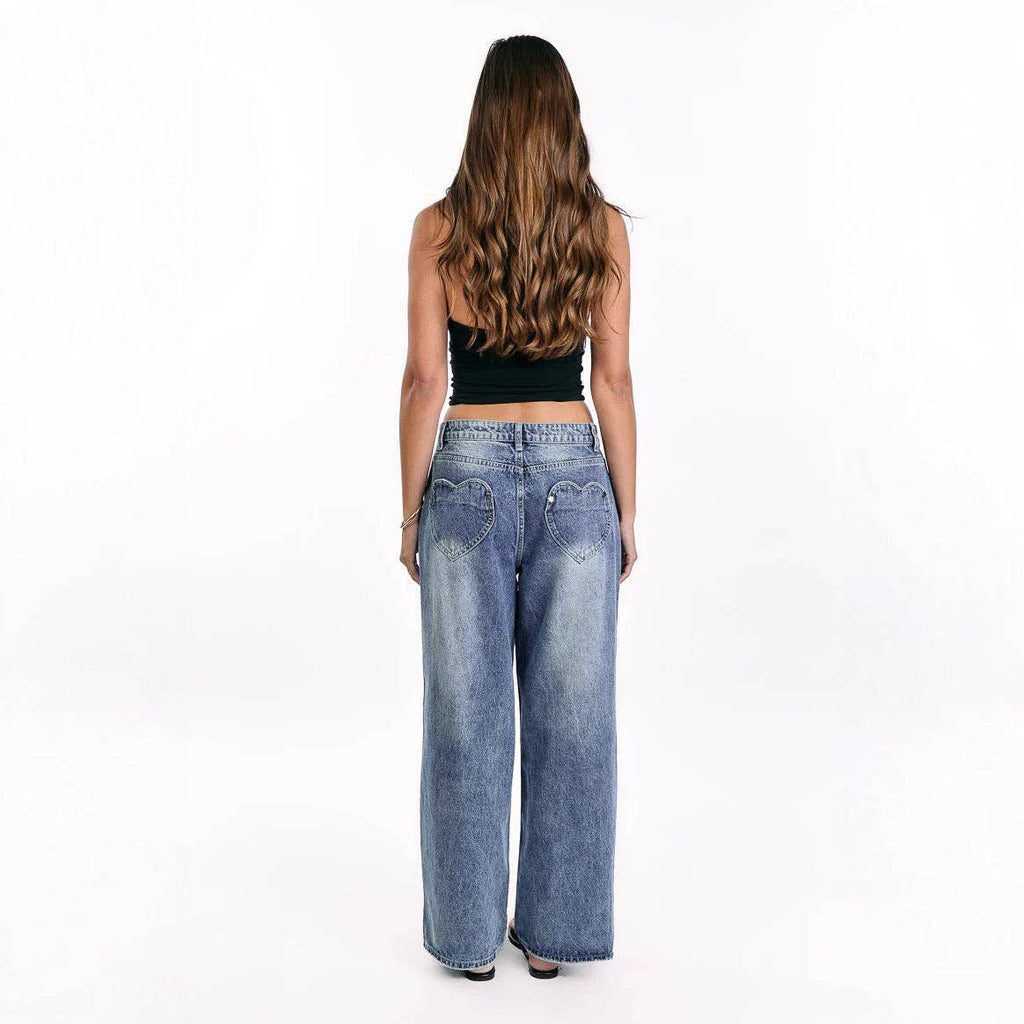 Vintage Wash Heart Patch Wide-Leg Jeans Stylish Casual Women’s Pants