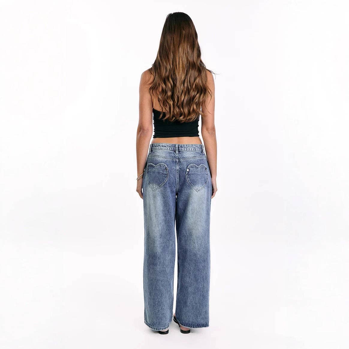 Vintage Wash Heart Patch Wide-Leg Jeans Stylish Casual Women’s Pants
