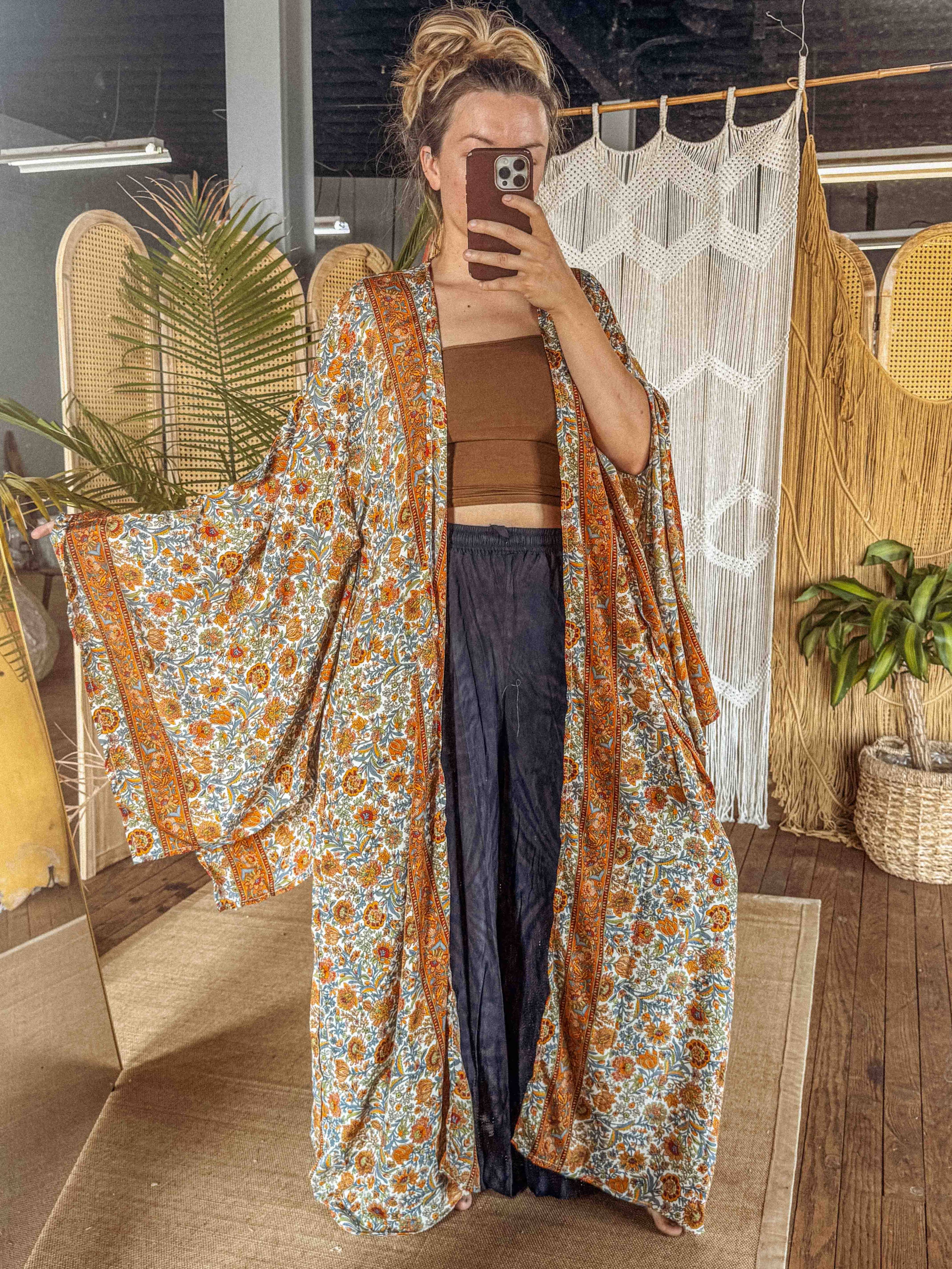 Silk Bell Sleeve Long Kimono Duster