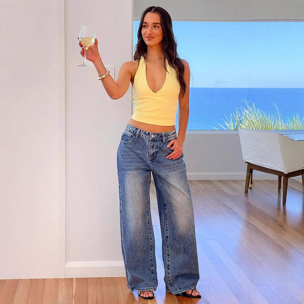 Vintage Wash Heart Patch Wide-Leg Jeans Stylish Casual Women’s Pants