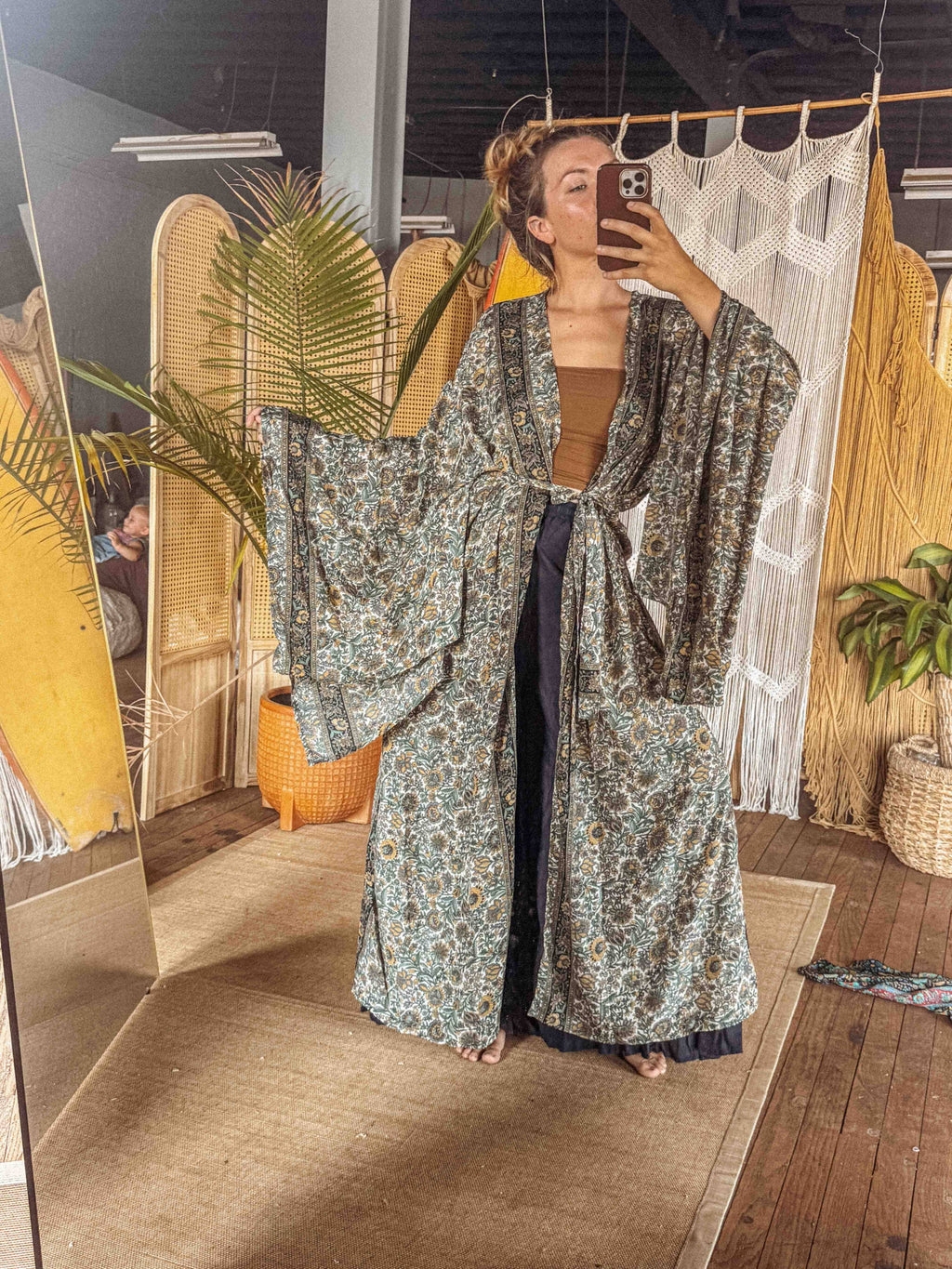 Silk Bell Sleeve Long Kimono Duster