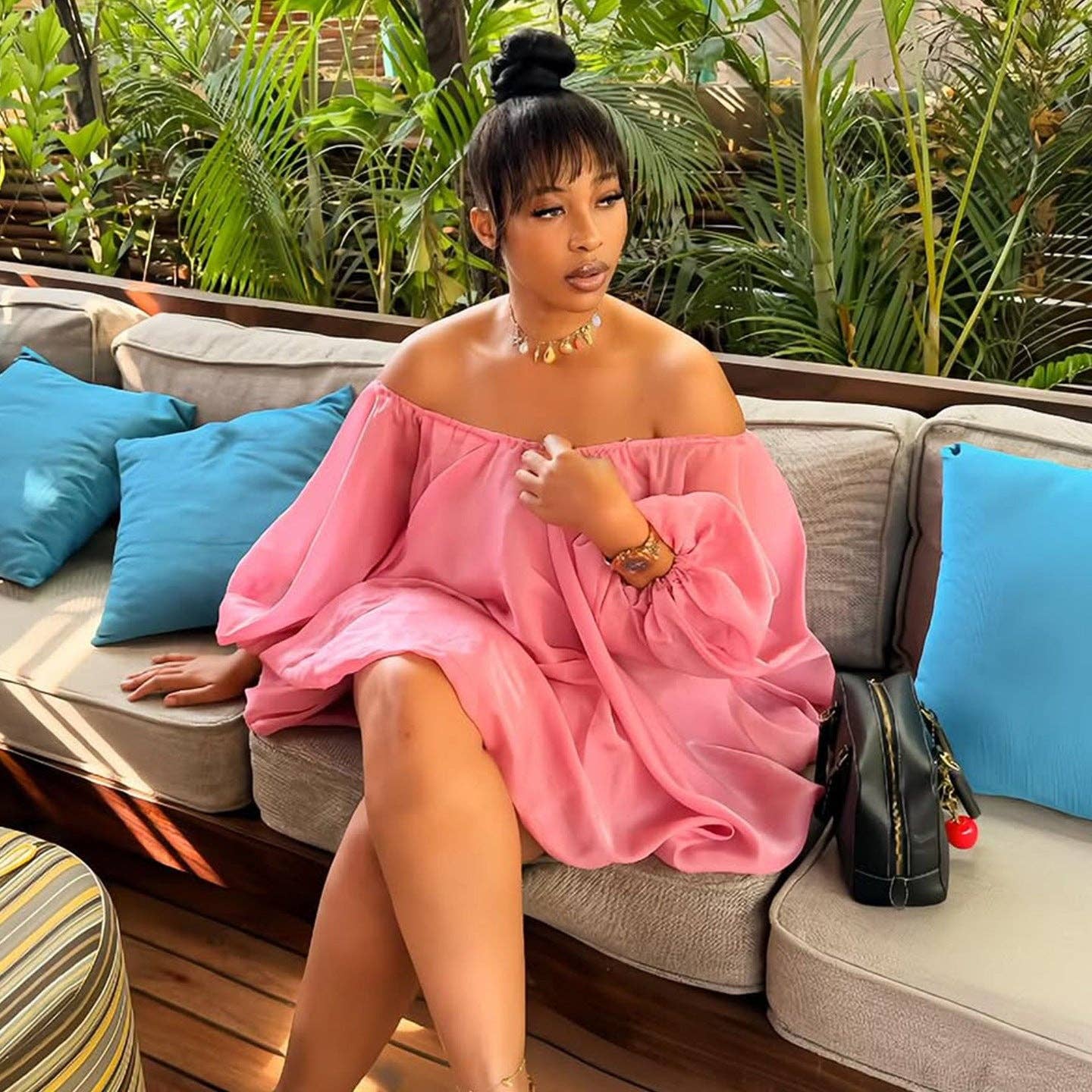 Off-Shoulder Puff Sleeve Dress in Blush- Plus