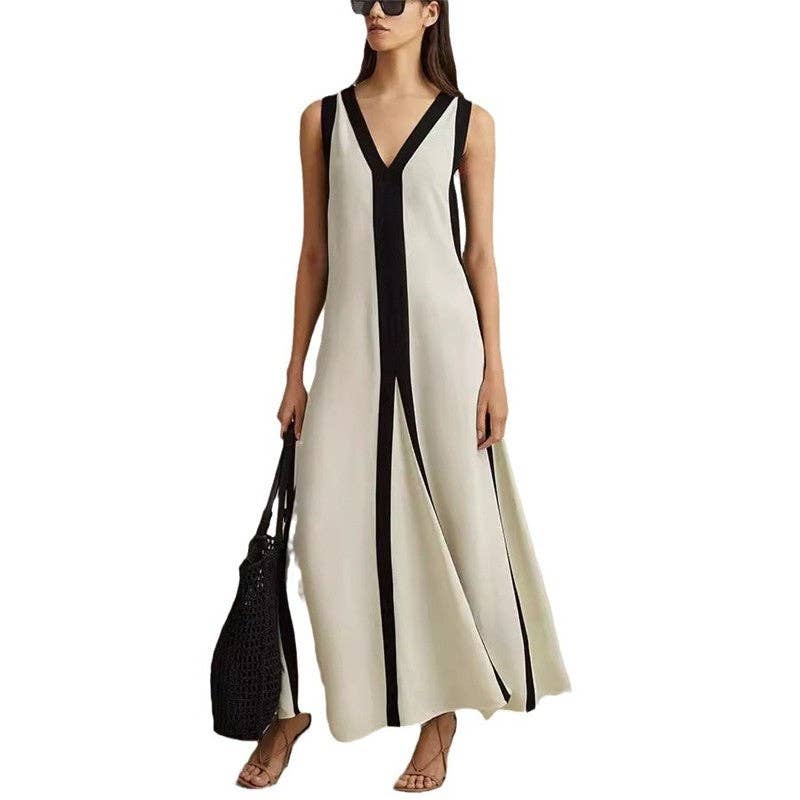V-Neck Sleeveless Dress With Reversible Color Design