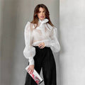 Bow Neck Mesh Puff Sleeve Blouse