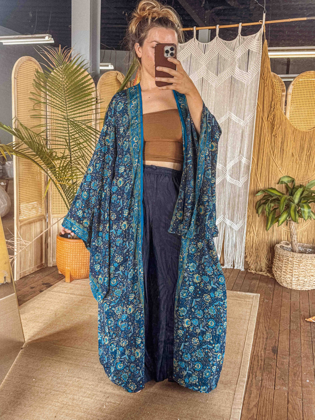 Silk Bell Sleeve Long Kimono Duster