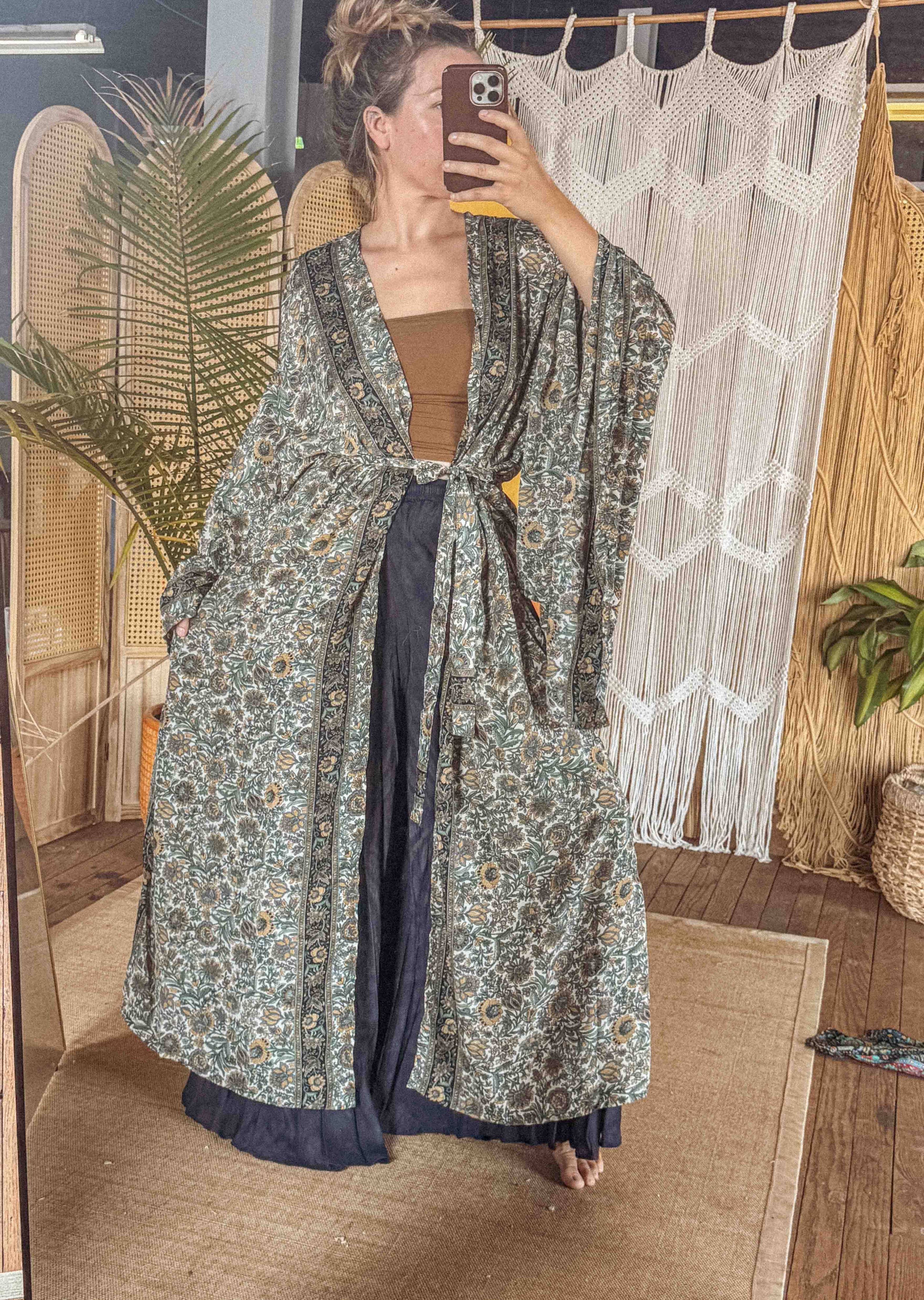 Silk Bell Sleeve Long Kimono Duster