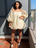 Off-Shoulder Puff Sleeve Dress in Blush- Plus