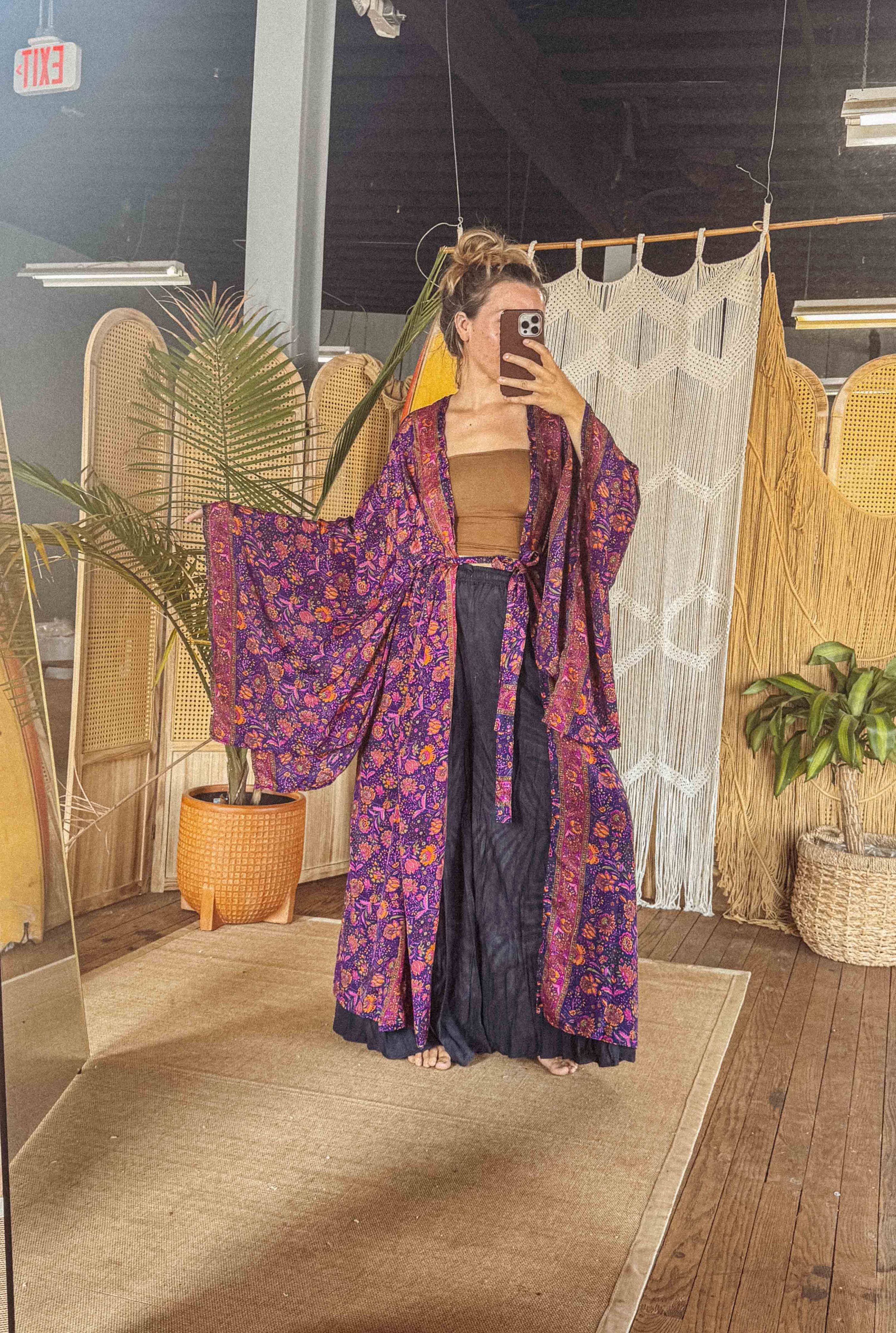 Silk Bell Sleeve Long Kimono Duster