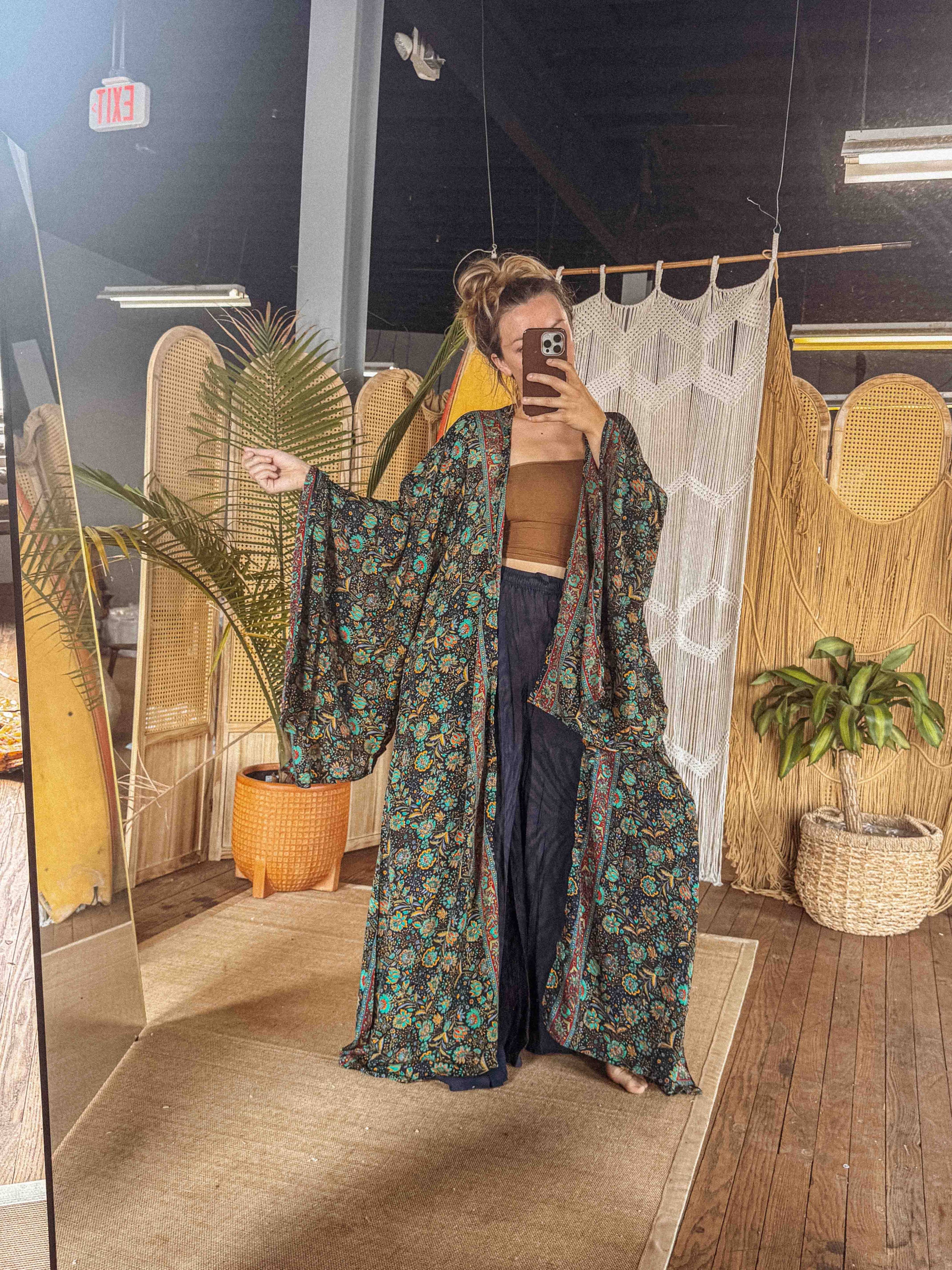 Silk Bell Sleeve Long Kimono Duster
