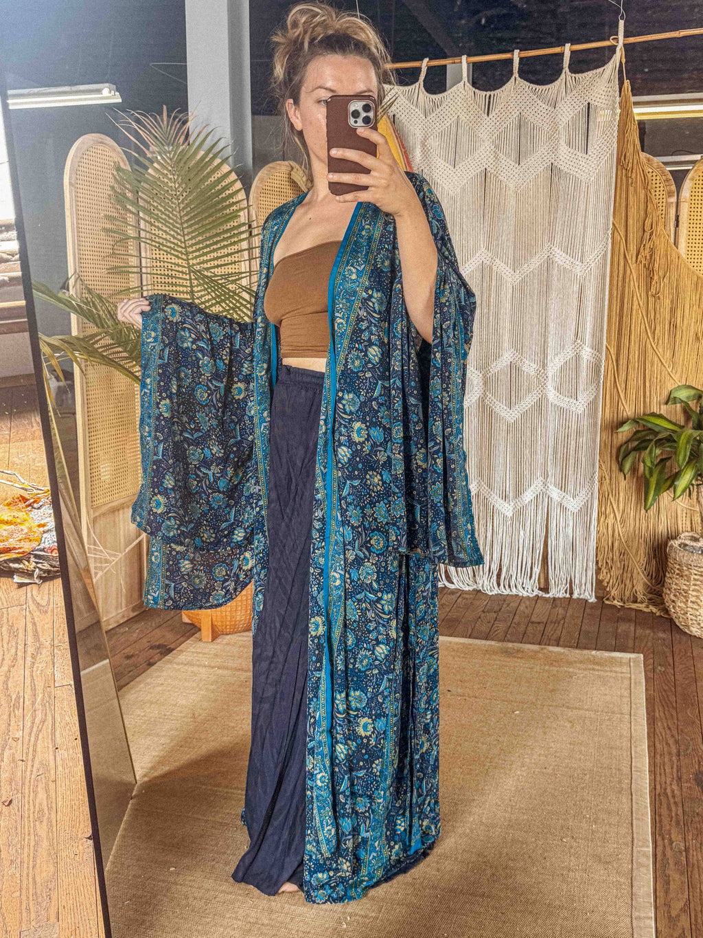 Silk Bell Sleeve Long Kimono Duster