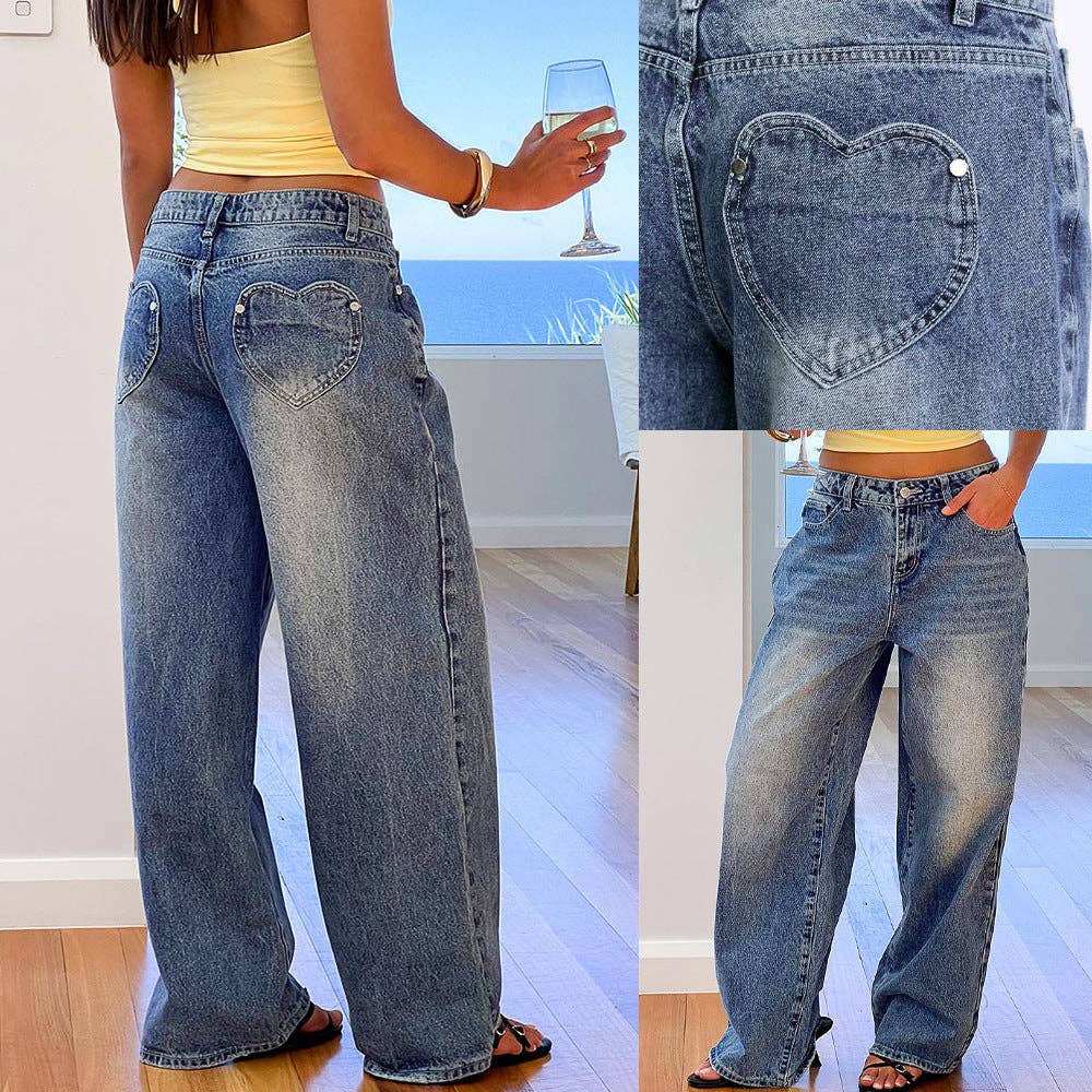 Vintage Wash Heart Patch Wide-Leg Jeans Stylish Casual Women’s Pants