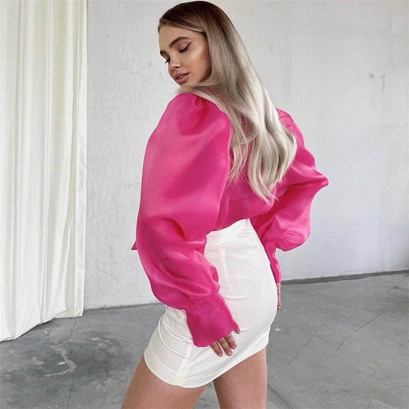 Bow Neck Mesh Puff Sleeve Blouse