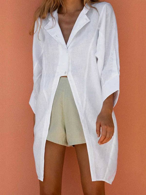 Split-Front Solid Notched Collar Long Sleeved Blouse